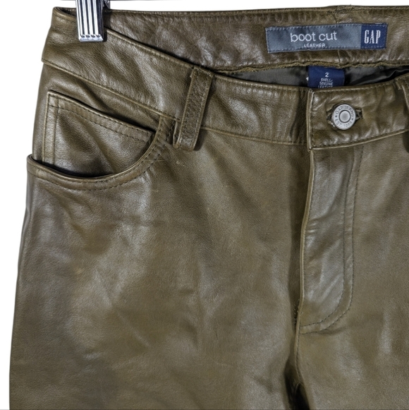 GAP Genuine Leather Bootcut Pants Jeans Olive Green Y2K Vintage Size 2 - Picture 4 of 16